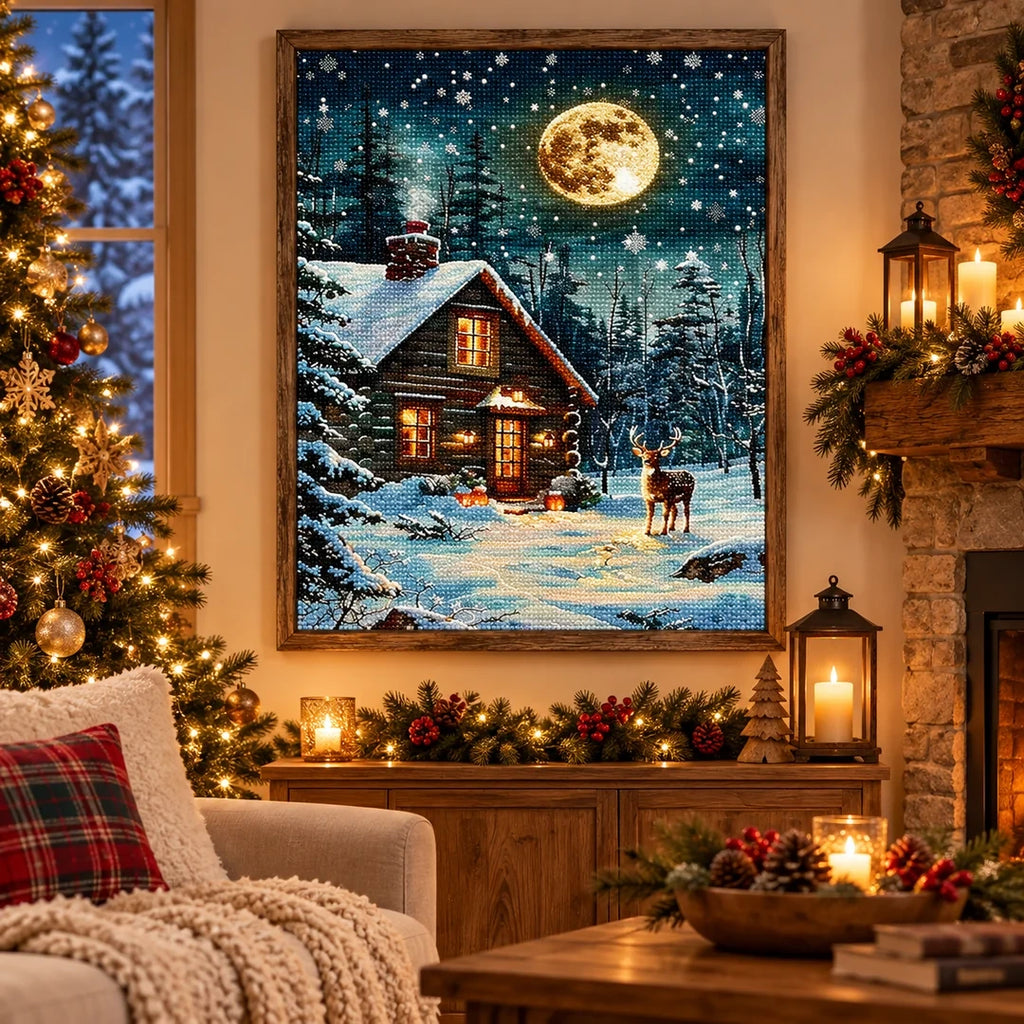 Moonlit Winter Cabin Diamond Painting Kit scene