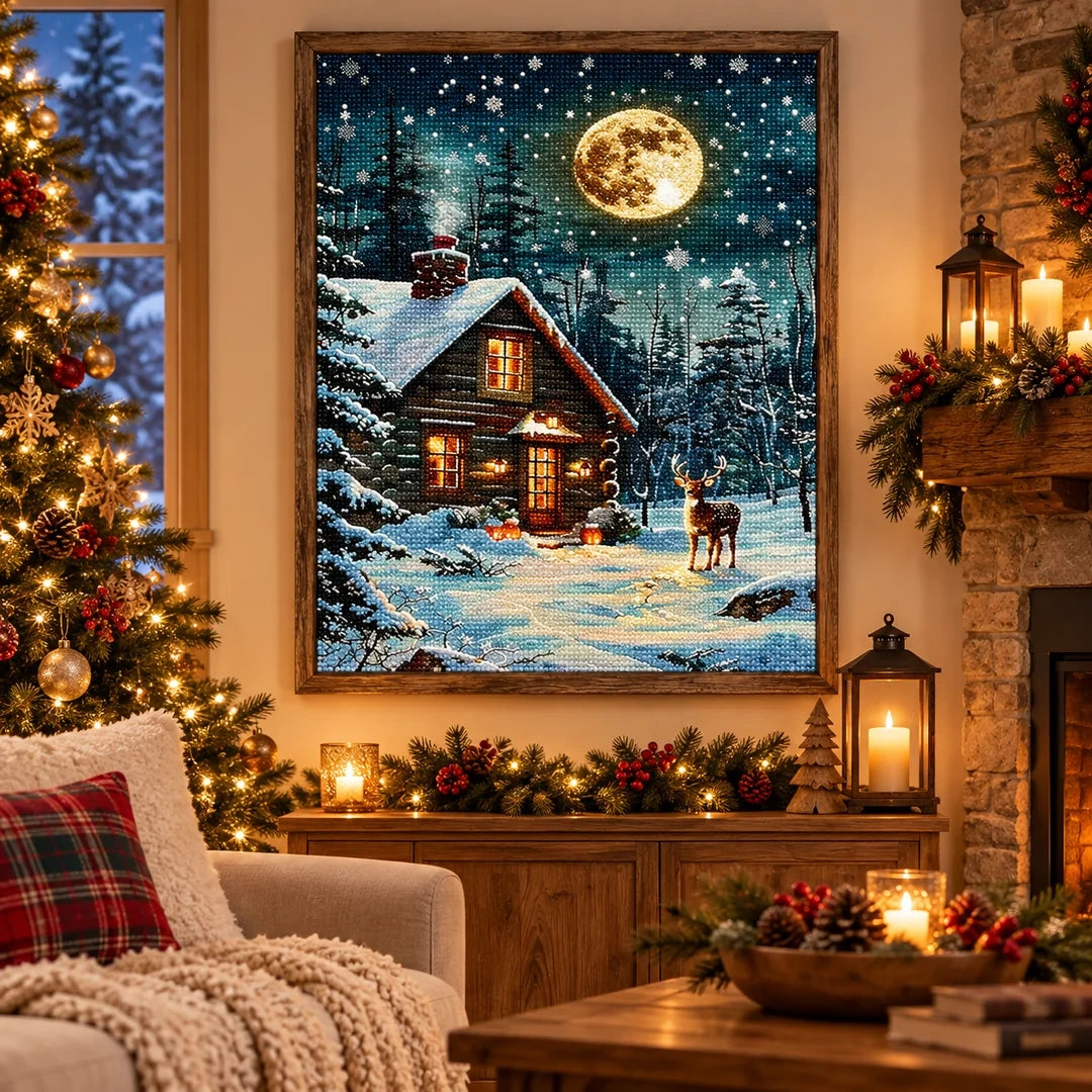 Moonlit Winter Cabin Diamond Painting Kit scene