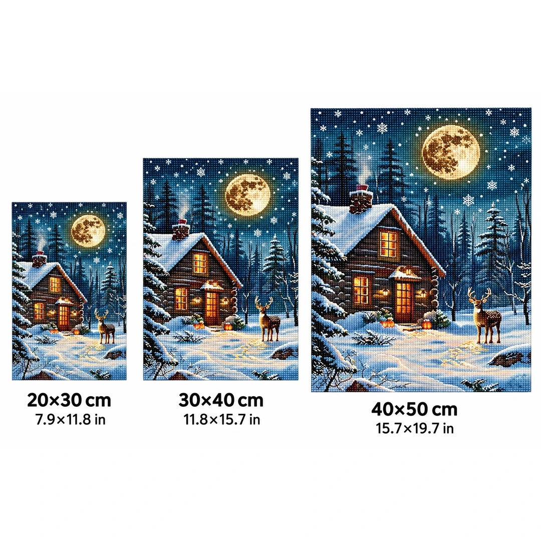 Moonlit Winter Cabin Diamond Painting Kit sizes