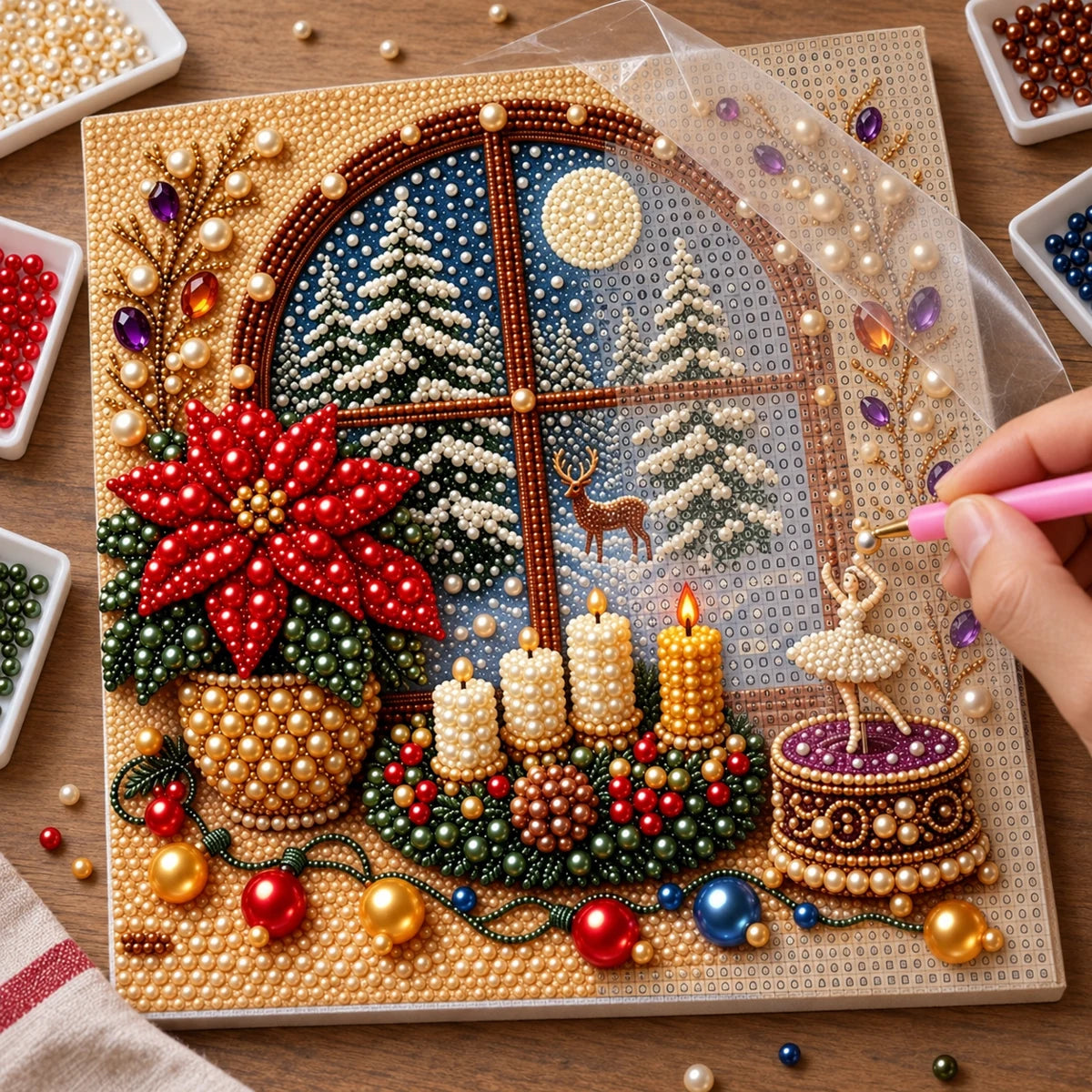 Moonlit Winter Window Pearl Diamond Painting Kit process image