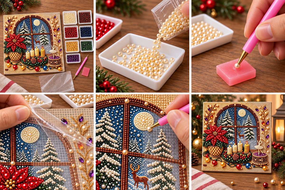 Moonlit Winter Window Pearl Diamond Painting Kit tutorial image