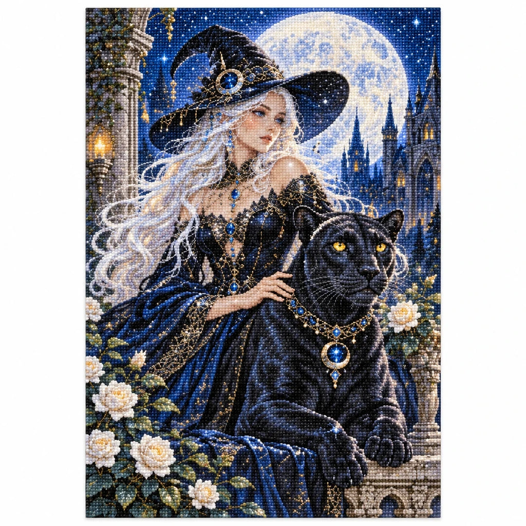 Moonlit Witch Black Panther Diamond Painting Kit finished diamond artwork on white background