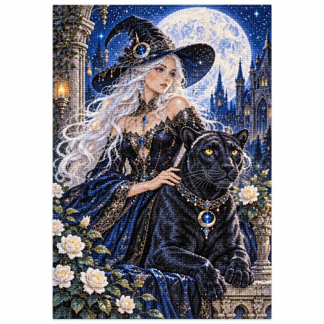 Moonlit Witch Black Panther Diamond Painting Kit finished diamond artwork on white background