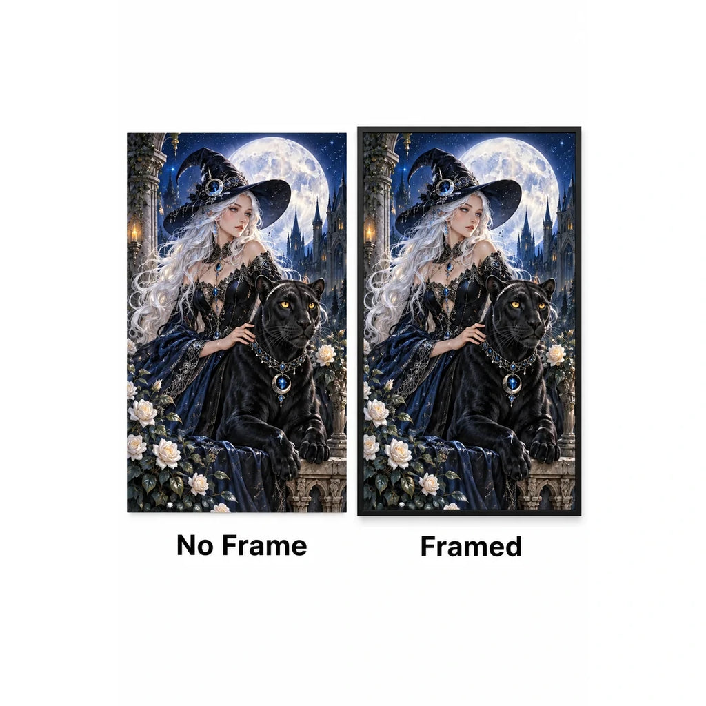 Moonlit Witch Black Panther Diamond Painting Kit No Frame and Framed comparison