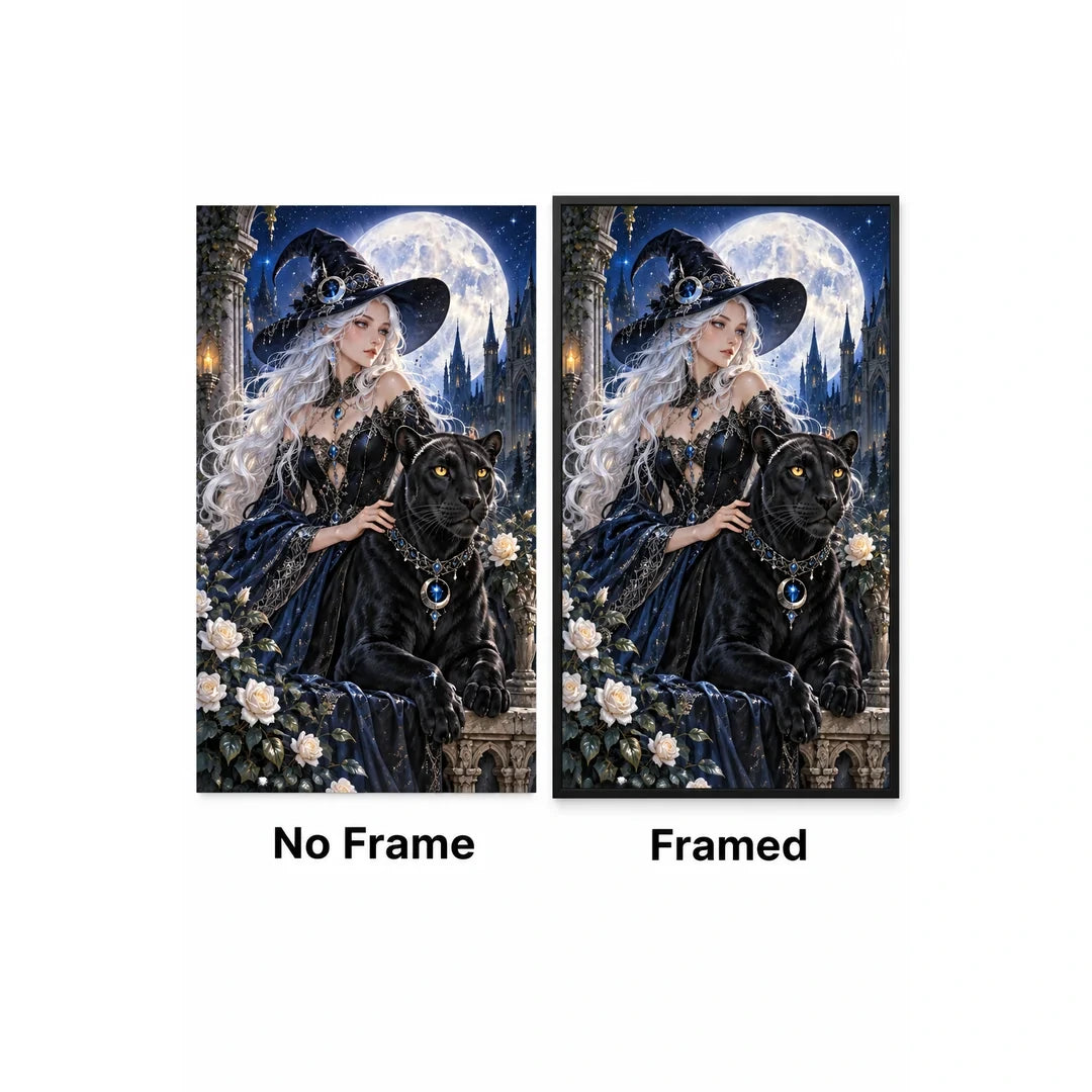 Moonlit Witch Black Panther Diamond Painting Kit No Frame and Framed comparison