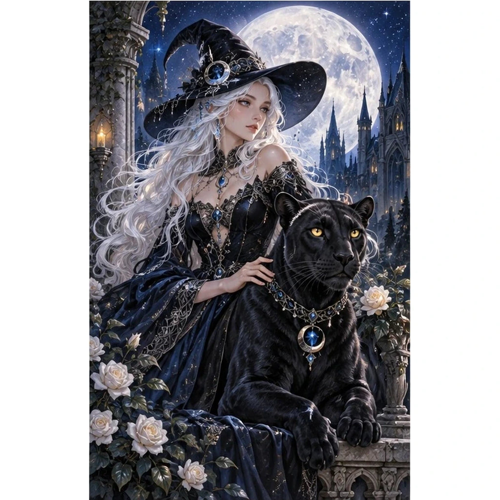 Moonlit Witch Black Panther Diamond Painting Kit original artwork on white background