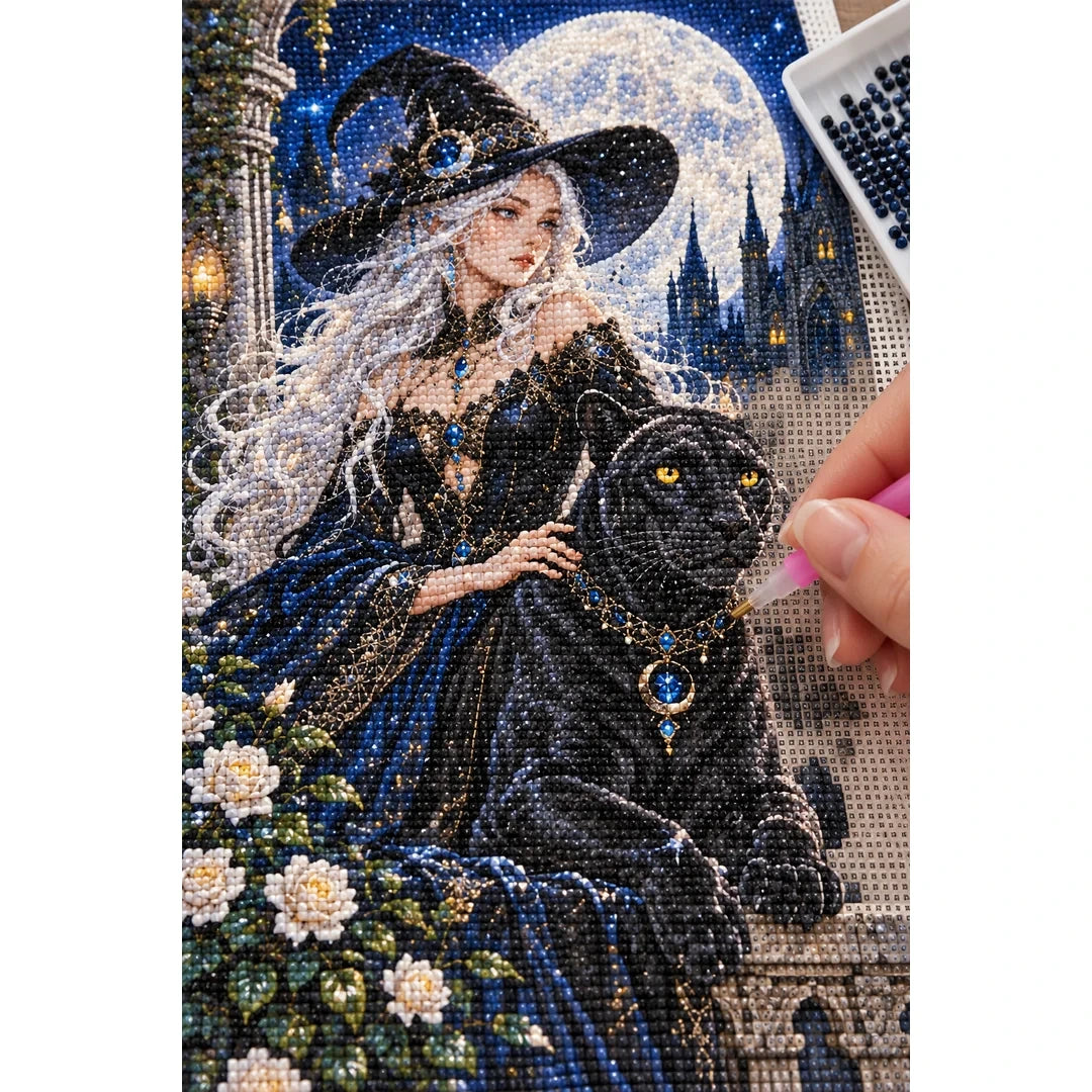 Moonlit Witch Black Panther Diamond Painting Kit diamond placement process