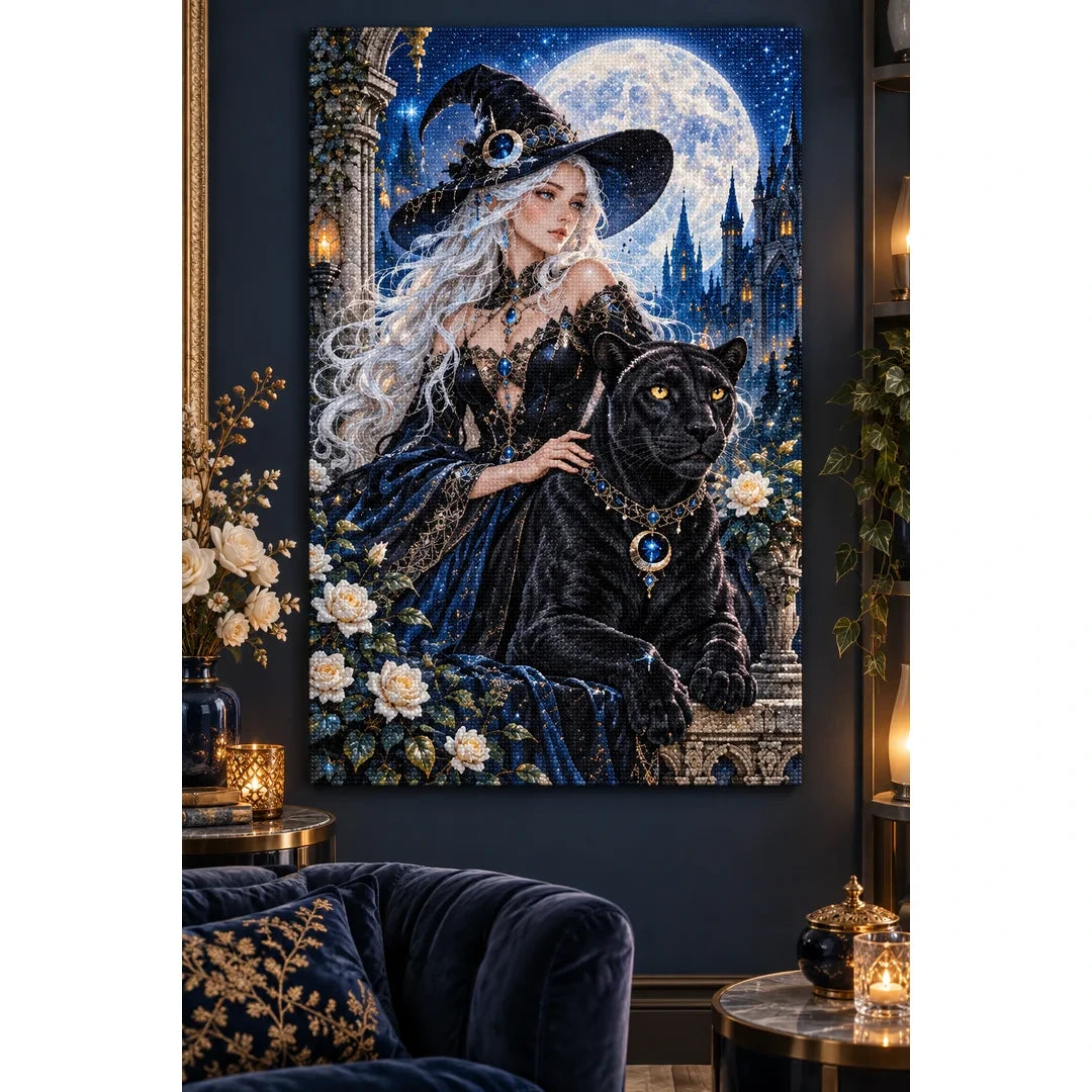 Moonlit Witch Black Panther Diamond Painting Kit home decor scene
