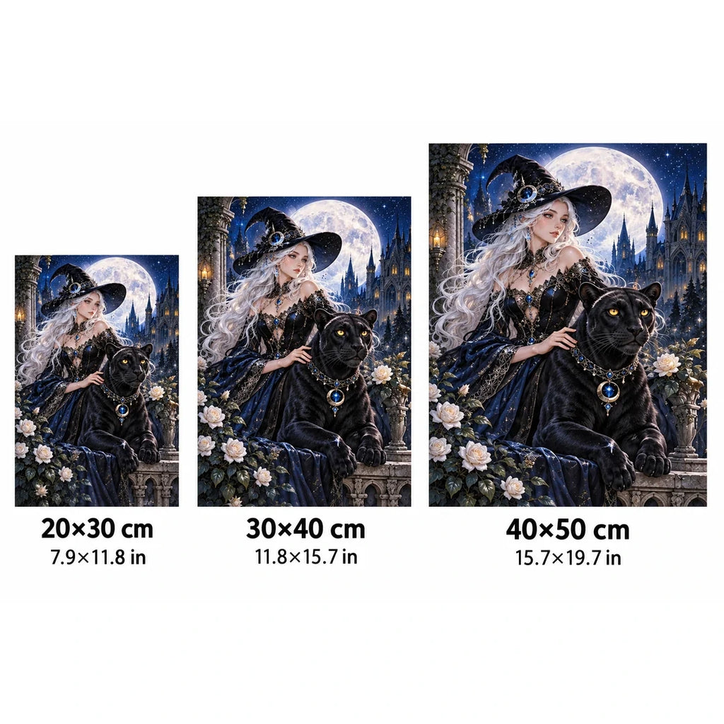 Moonlit Witch Black Panther Diamond Painting Kit size guide