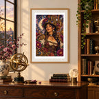Framed diamond painting of a moonphase inventor wearing celestial ornaments among stars and brass gears displayed in a home interior