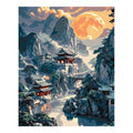 Original artwork for Moonrise Over Mountain Temples Diamond Painting Kit