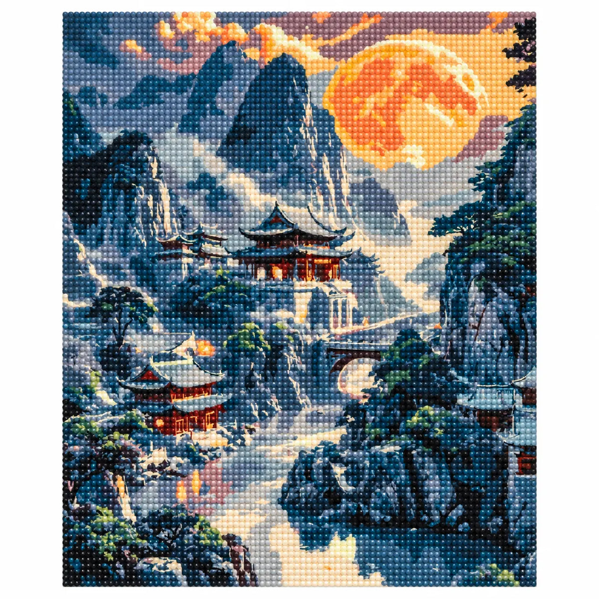 Finished diamond painting for Moonrise Over Mountain Temples Diamond Painting Kit