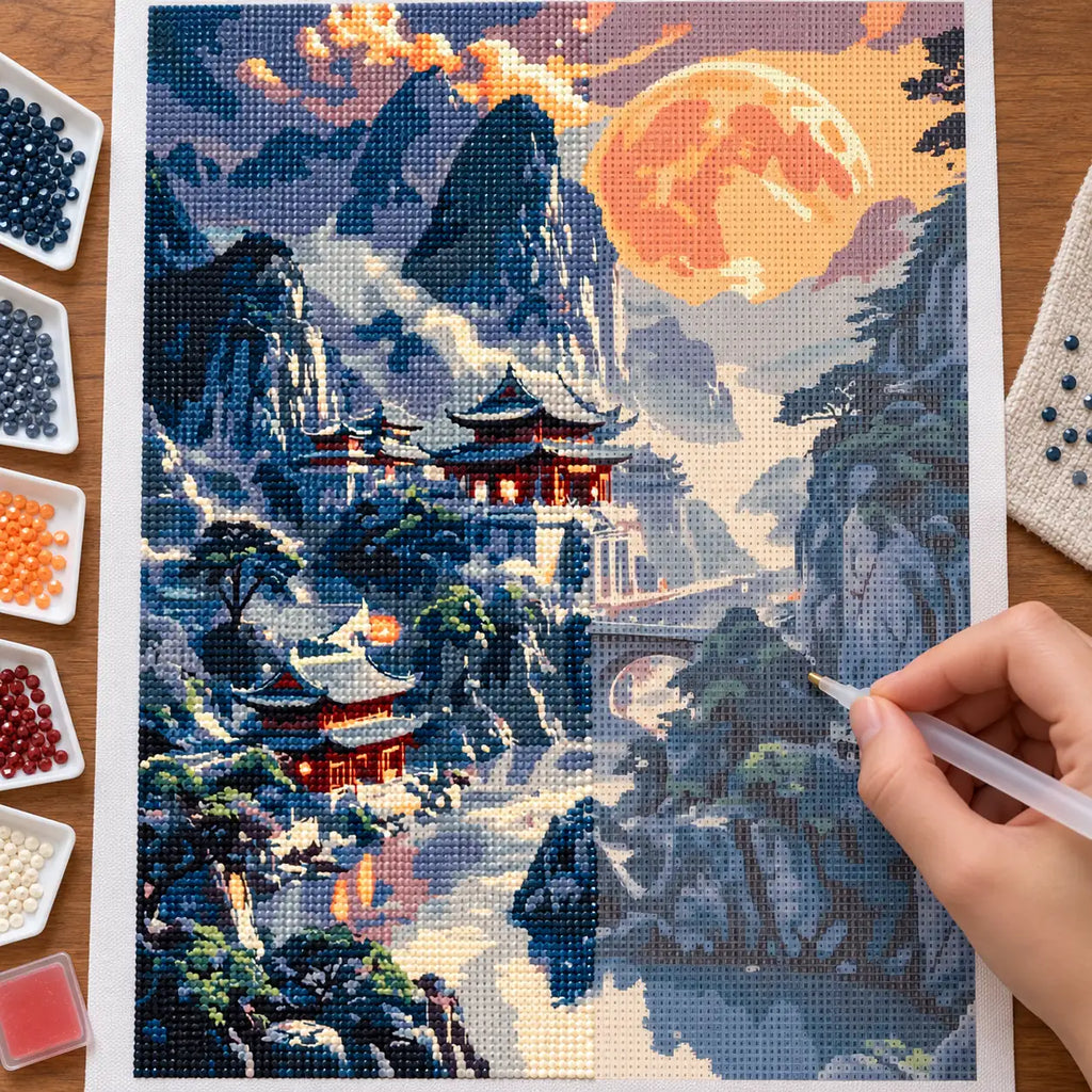 Diamond painting process for Moonrise Over Mountain Temples Diamond Painting Kit