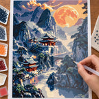 Diamond painting process for Moonrise Over Mountain Temples Diamond Painting Kit