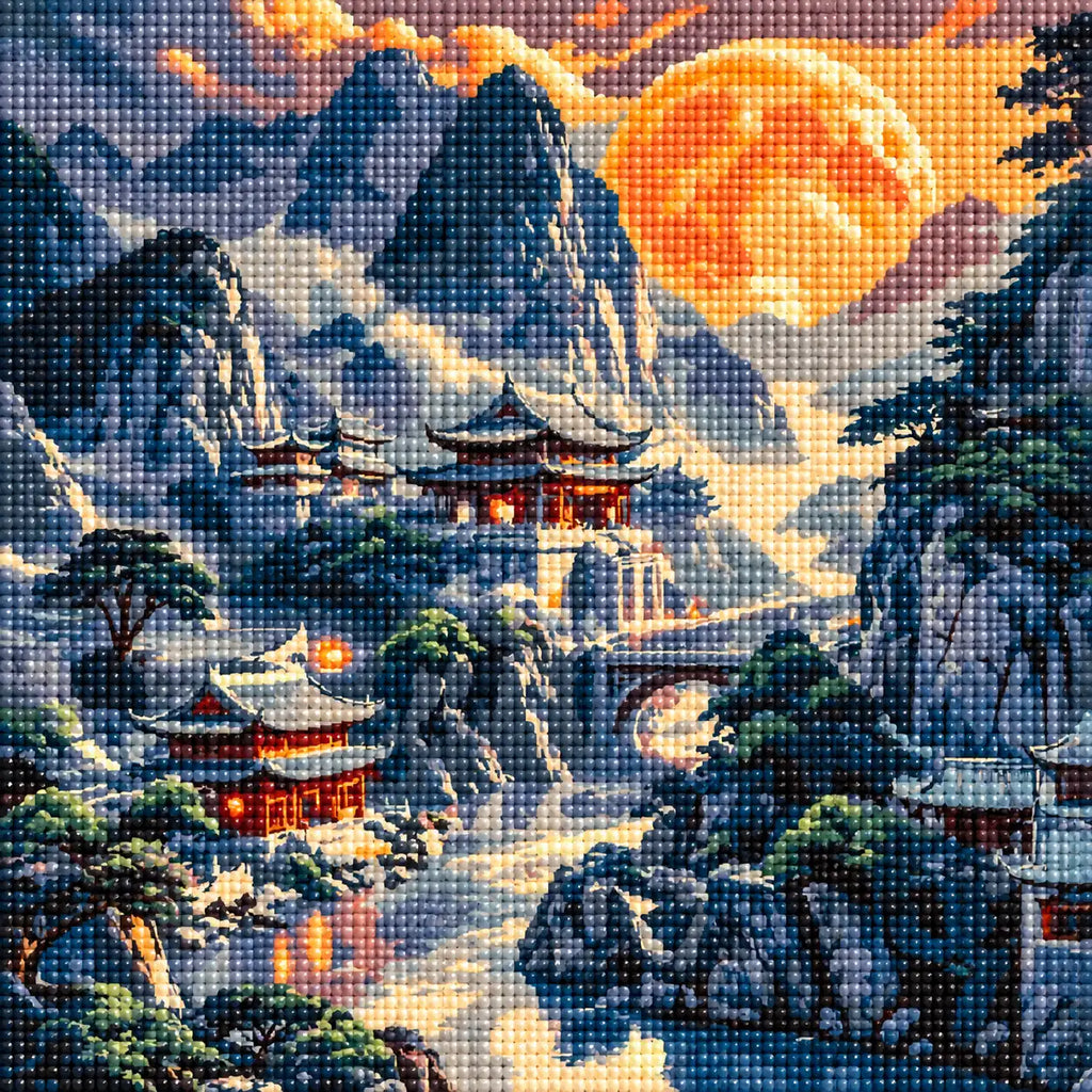 Diamond detail for Moonrise Over Mountain Temples Diamond Painting Kit