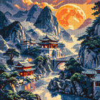 Diamond detail for Moonrise Over Mountain Temples Diamond Painting Kit