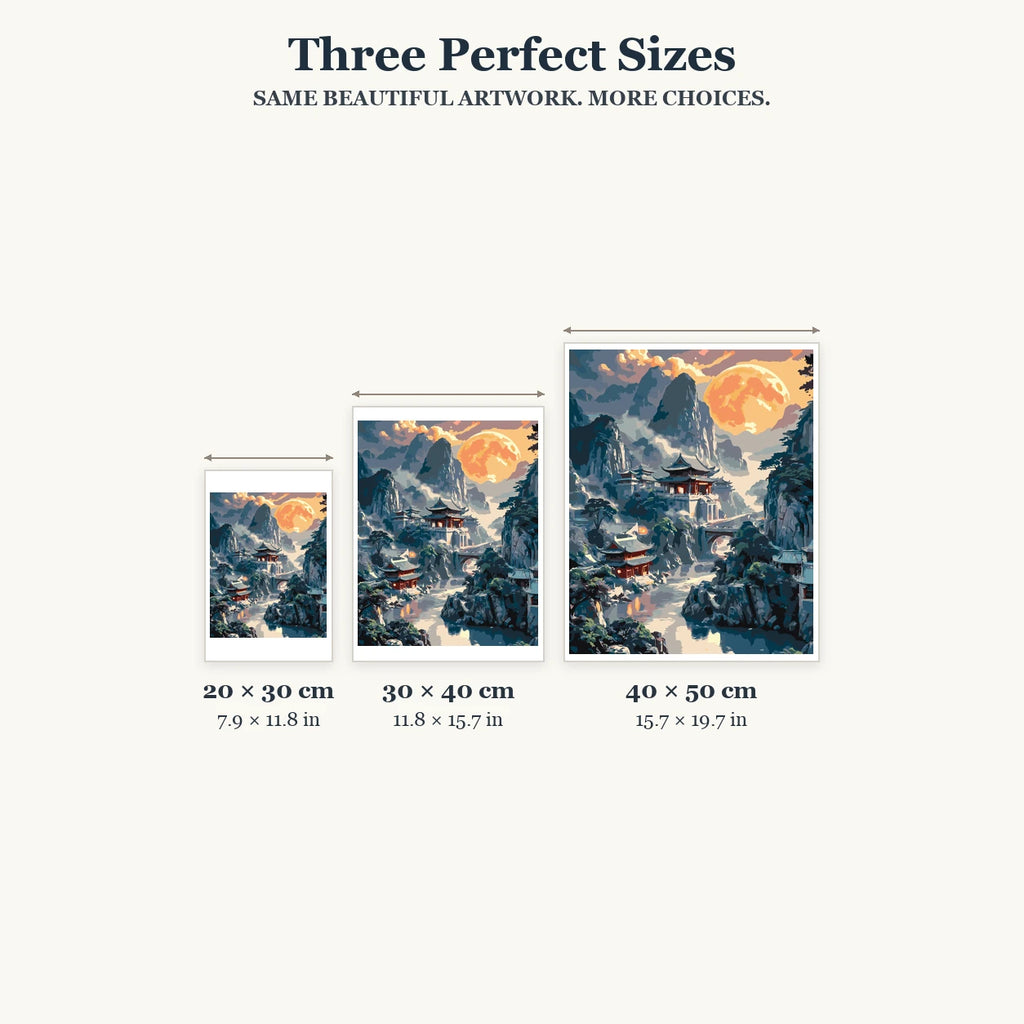 Size guide for Moonrise Over Mountain Temples Diamond Painting Kit