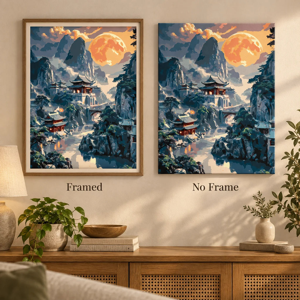 Framed and no-frame comparison for Moonrise Over Mountain Temples Diamond Painting Kit