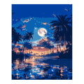 Original artwork for Moonrise Over Palm Lagoon Diamond Painting Kit, showing a palm silhouettes, a full moon and sunset reflections over a tropical lagoon.