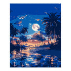 Original artwork for Moonrise Over Palm Lagoon Diamond Painting Kit, showing a palm silhouettes, a full moon and sunset reflections over a tropical lagoon.