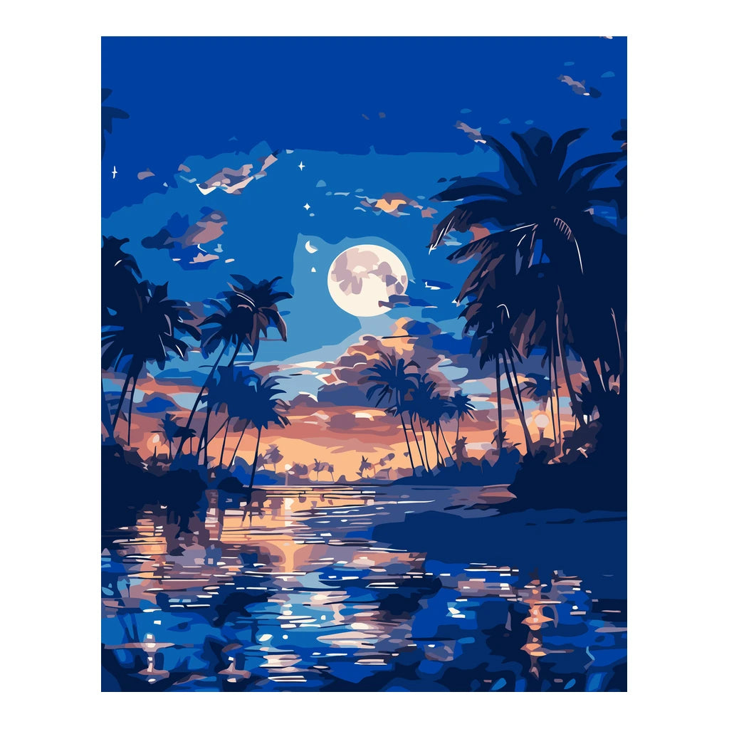 Original artwork for Moonrise Over Palm Lagoon Diamond Painting Kit, showing a palm silhouettes, a full moon and sunset reflections over a tropical lagoon.