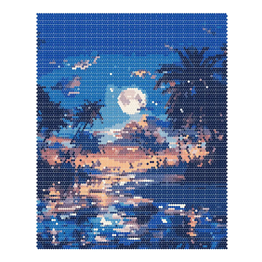 Finished diamond painting for Moonrise Over Palm Lagoon Diamond Painting Kit, showing a palm silhouettes, a full moon and sunset reflections over a tropical lagoon.