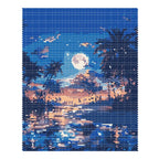 Finished diamond painting for Moonrise Over Palm Lagoon Diamond Painting Kit, showing a palm silhouettes, a full moon and sunset reflections over a tropical lagoon.