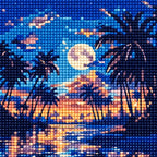 Close-up detail of drill texture across a palm silhouettes, a full moon and sunset reflections over a tropical lagoon.