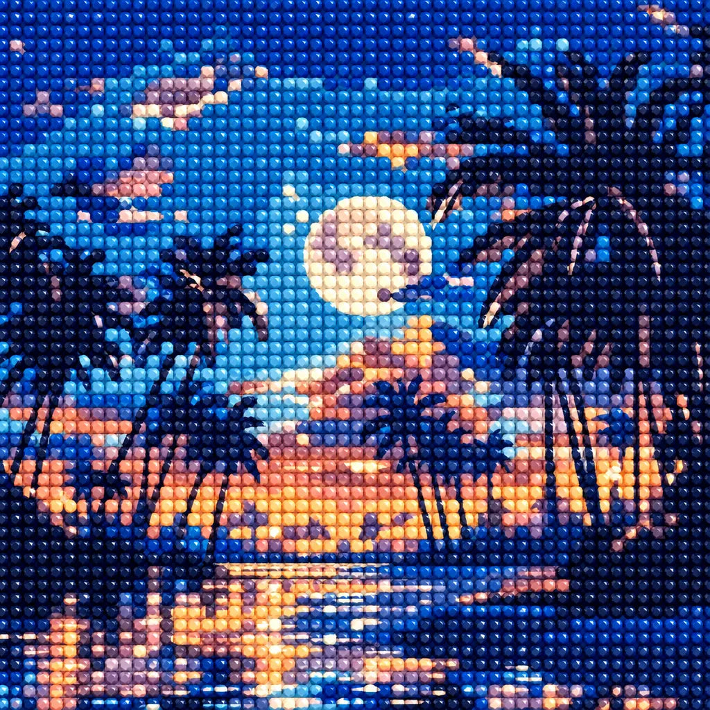 Close-up detail of drill texture across a palm silhouettes, a full moon and sunset reflections over a tropical lagoon.