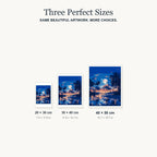 Size guide for Moonrise Over Palm Lagoon Diamond Painting Kit: 20 × 30 cm, 30 × 40 cm and 40 × 50 cm.
