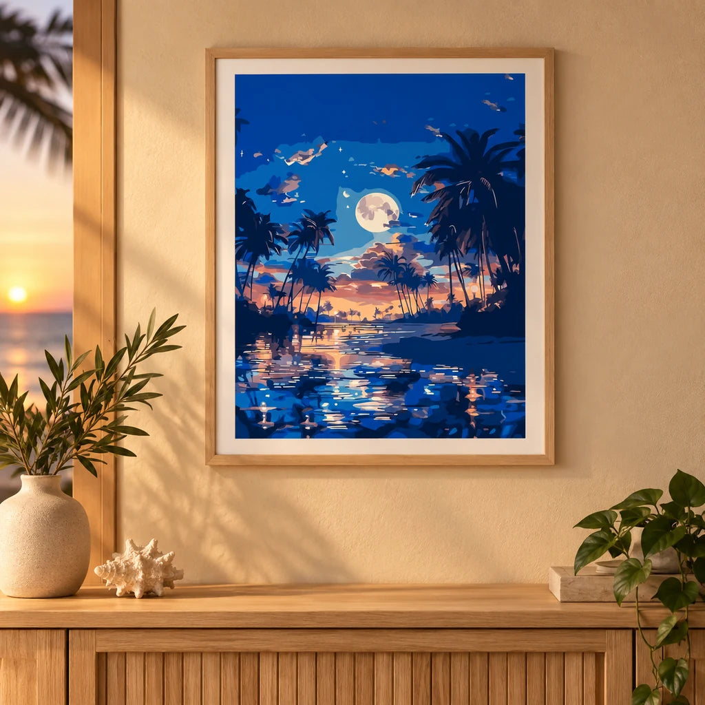 Home decor scene showing the Moonrise Over Palm Lagoon Diamond Painting Kit artwork displayed in a room.