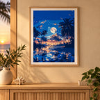 Home decor scene showing the Moonrise Over Palm Lagoon Diamond Painting Kit artwork displayed in a room.
