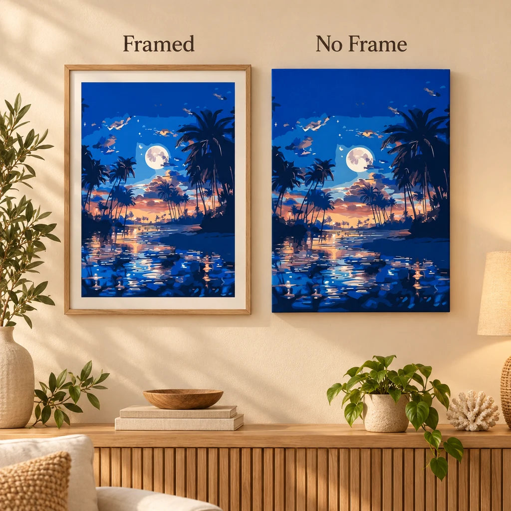 Framed and no-frame comparison for Moonrise Over Palm Lagoon Diamond Painting Kit, showing the same palm silhouettes, a full moon and sunset reflections over a tropical lagoon.