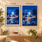 Framed and no-frame comparison for Moonrise Over Palm Lagoon Diamond Painting Kit, showing the same palm silhouettes, a full moon and sunset reflections over a tropical lagoon.