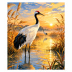 Original artwork for Morning Grace by the Marsh Diamond Painting Kit, showing a white heron standing in reeds beneath a warm sunrise sky.