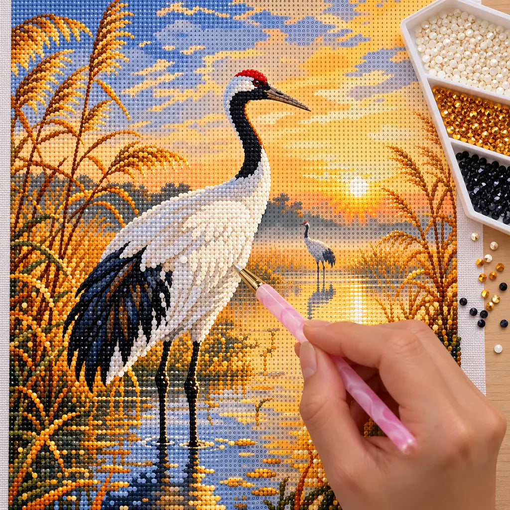 Diamond painting process for Morning Grace by the Marsh, with drills being placed over a white heron standing in reeds beneath a warm sunrise sky.