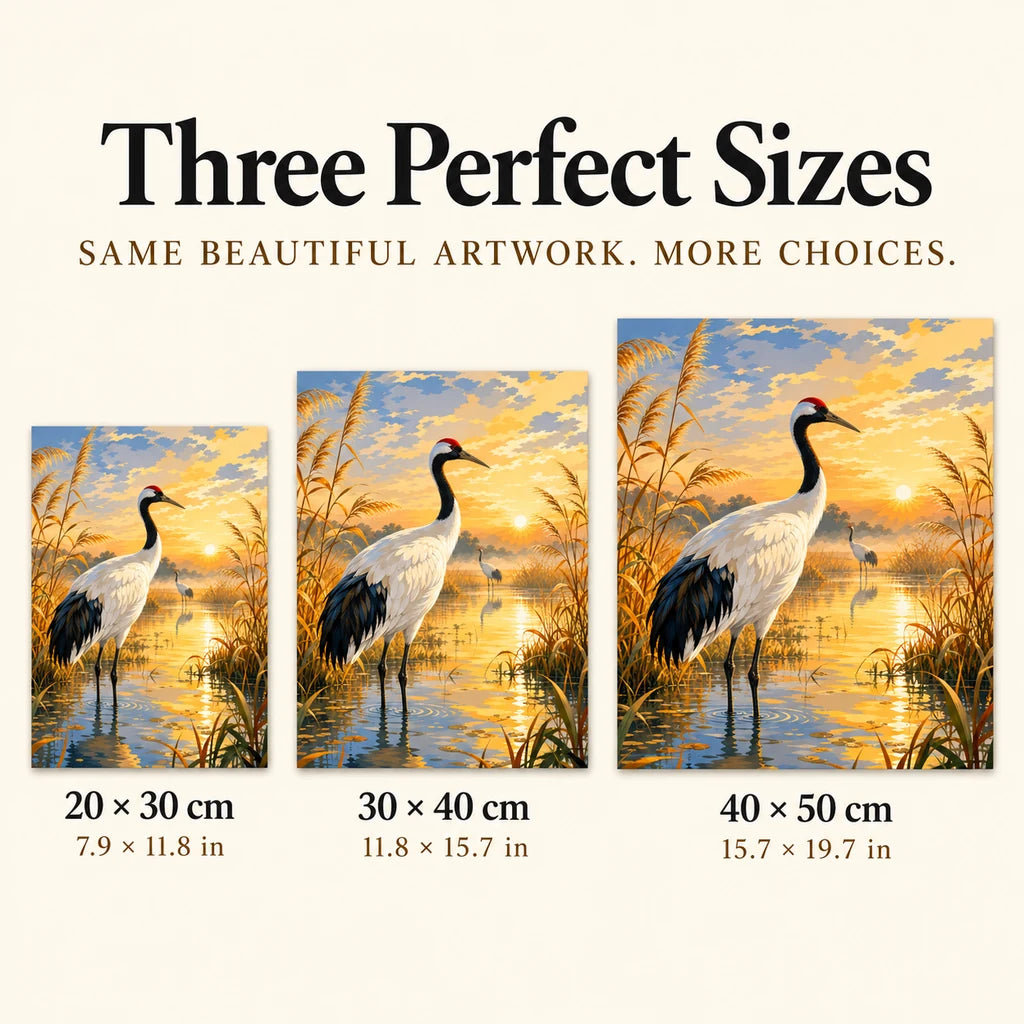 Size guide for Morning Grace by the Marsh: 20 × 30 cm, 30 × 40 cm, and 40 × 50 cm.