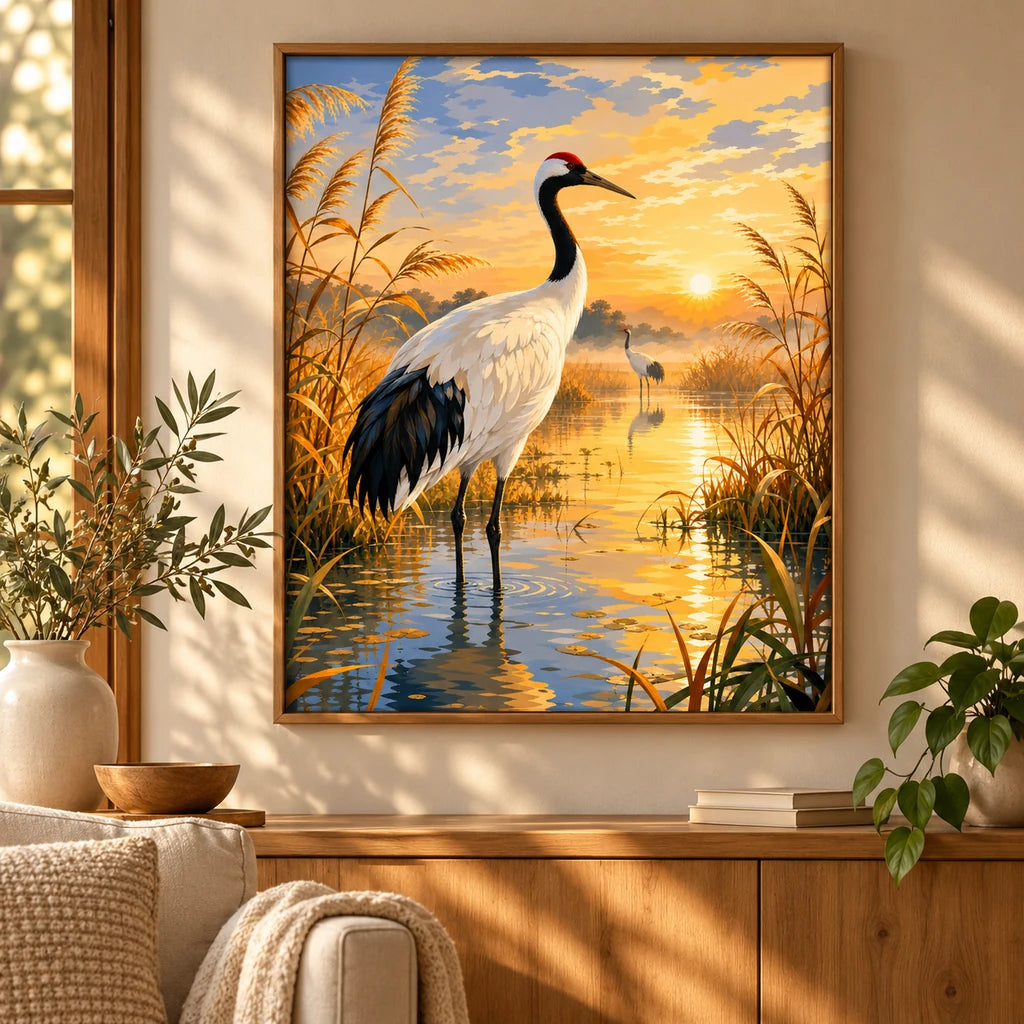 Home decor scene showing Morning Grace by the Marsh artwork displayed on a wall.