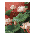 Original artwork showing white lotus flowers and broad green leaves against a warm red backdrop.