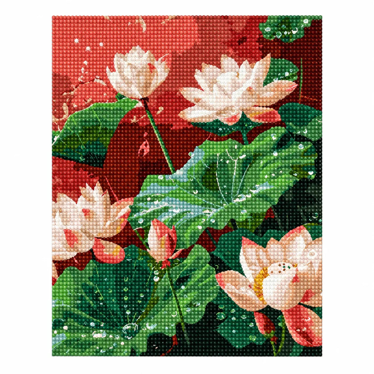 Finished diamond painting showing white lotus flowers and broad green leaves against a warm red backdrop.