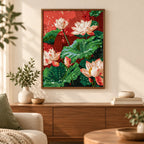 Home decor scene featuring a diamond painting of white lotus flowers and broad green leaves against a warm red backdrop.