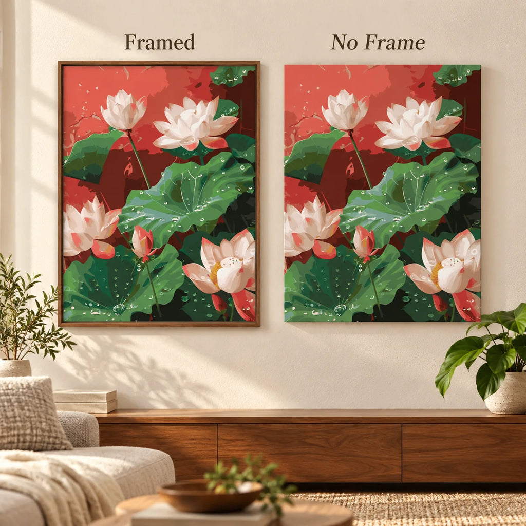 Framed and no-frame comparison for Morning Lotus Glow Diamond Painting Kit.