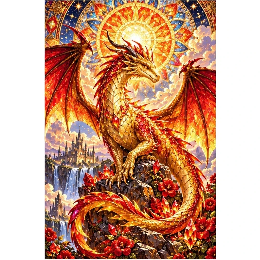 Mosaic Sun Dragon Mandala — original artwork on a clean white background