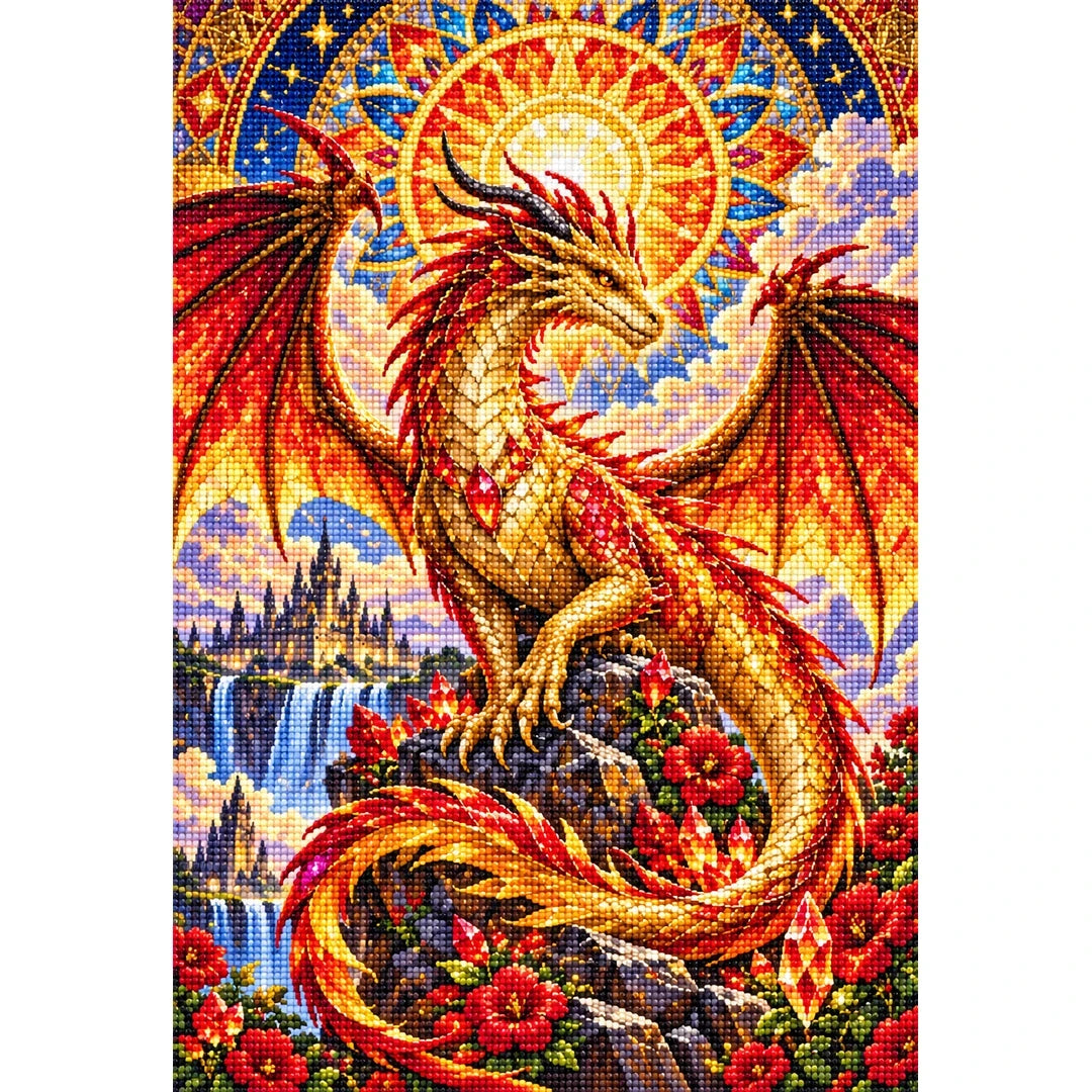 Mosaic Sun Dragon Mandala — finished diamond painting on a white background