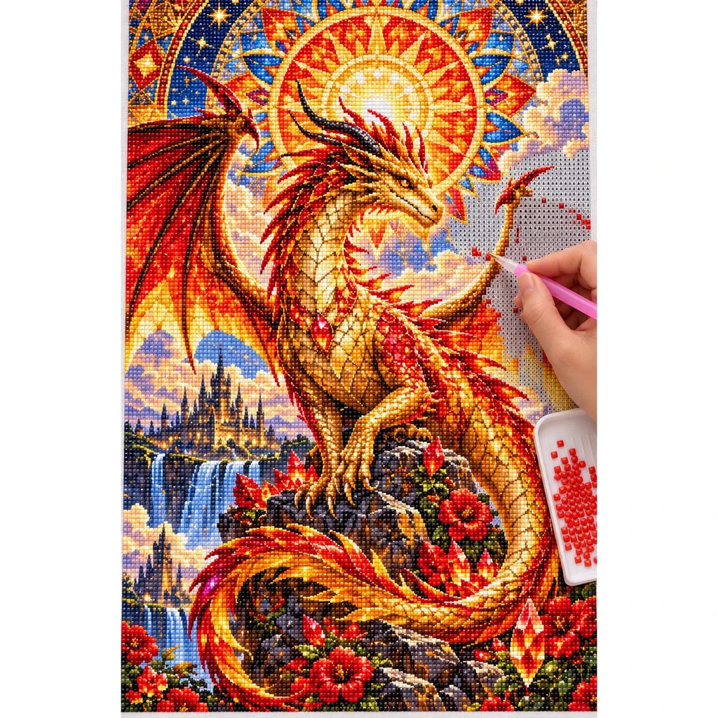Mosaic Sun Dragon Mandala — diamond painting process with applicator pen