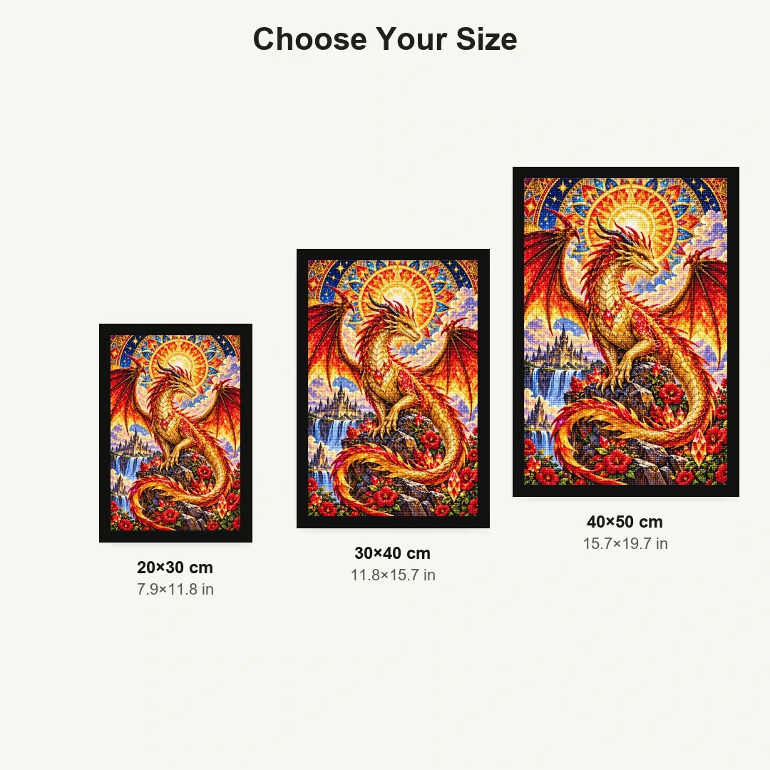 Mosaic Sun Dragon Mandala — size comparison for 20 × 30, 30 × 40 and 40 × 50 cm