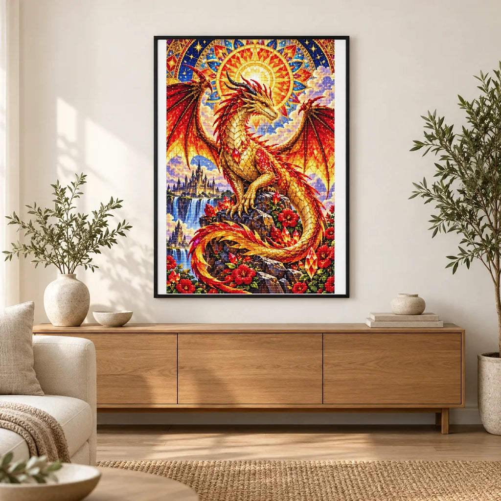 Mosaic Sun Dragon Mandala — finished diamond painting displayed in a home interior