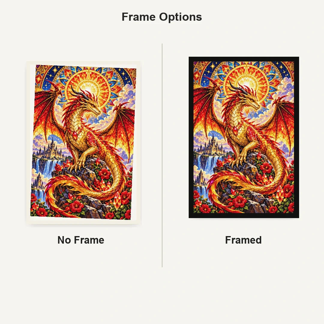 Mosaic Sun Dragon Mandala — No Frame and Framed style comparison