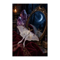 Original illustration of a pale luna moth before a dark round amethyst mirror with purple foliage, on a white background
