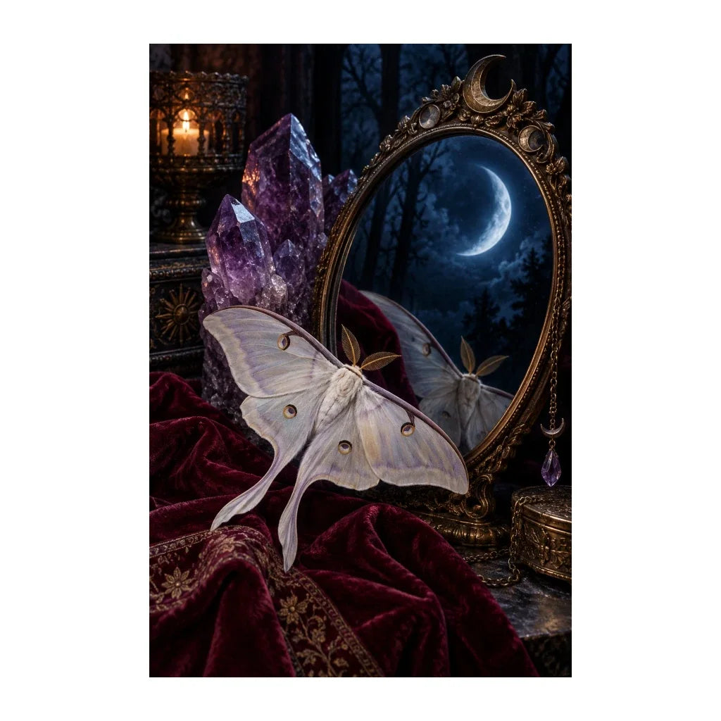 Original illustration of a pale luna moth before a dark round amethyst mirror with purple foliage, on a white background
